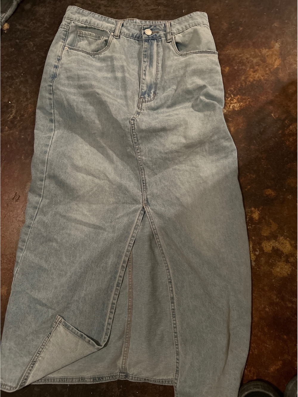 Light Wash Denim Maxi Skirt with Front Slit